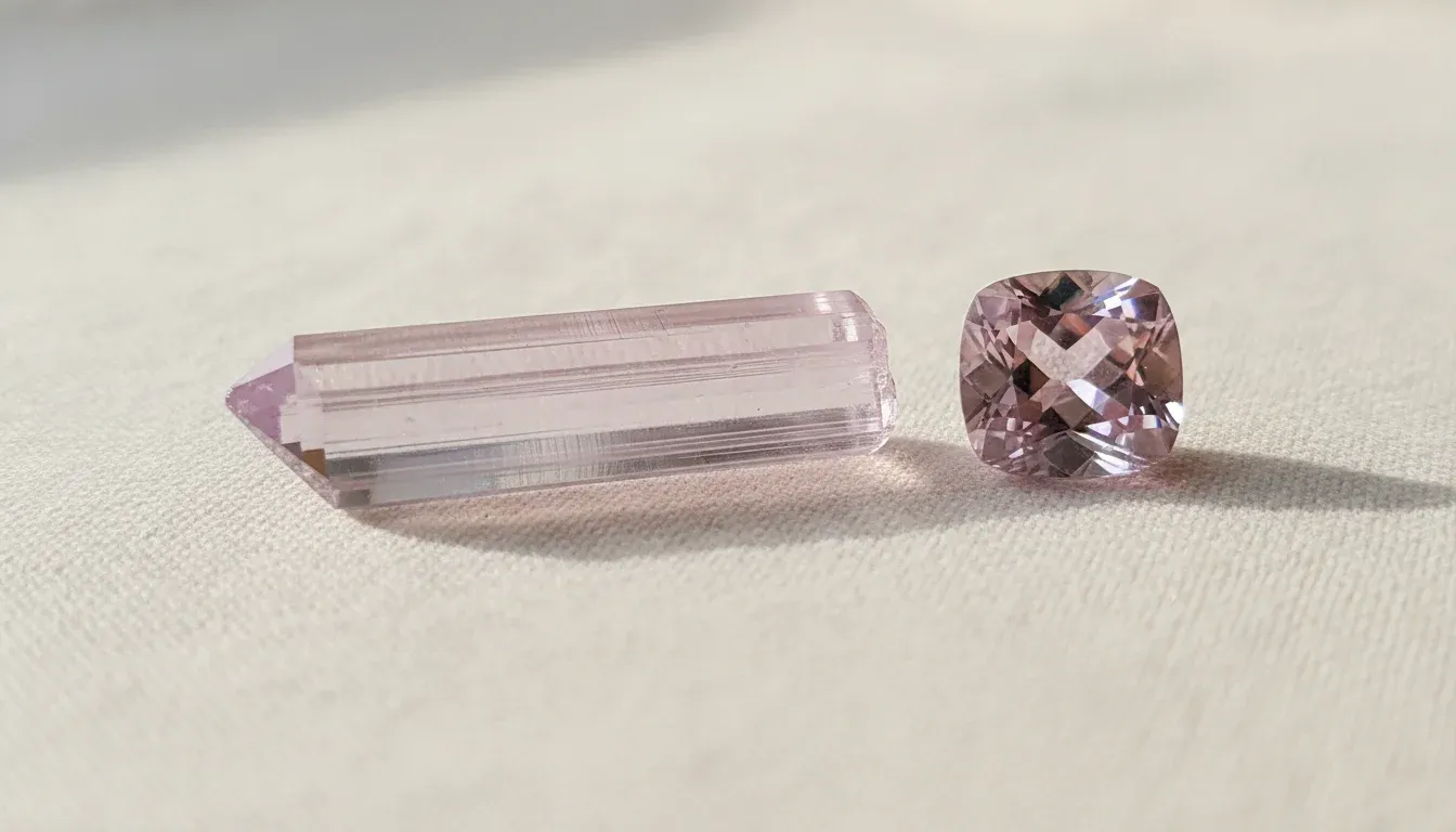 帶縱向條紋的淡粉紫色紫鋰輝石柱狀晶體與一顆刻面裸石
